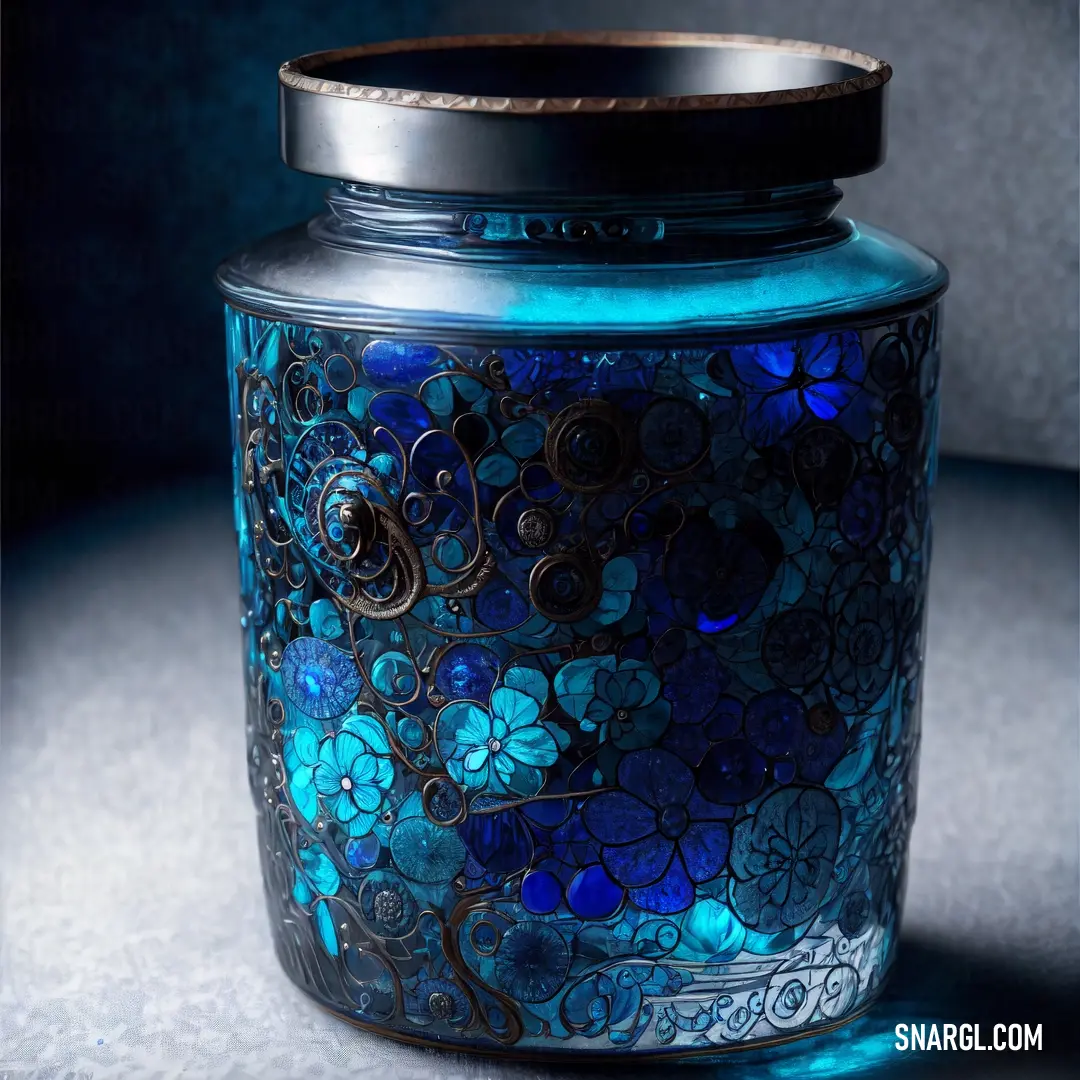 Blue jar with a lid on a table next to a wall and a window behind it with a blue flower pattern. Example of CMYK 100,67,0,40 color.