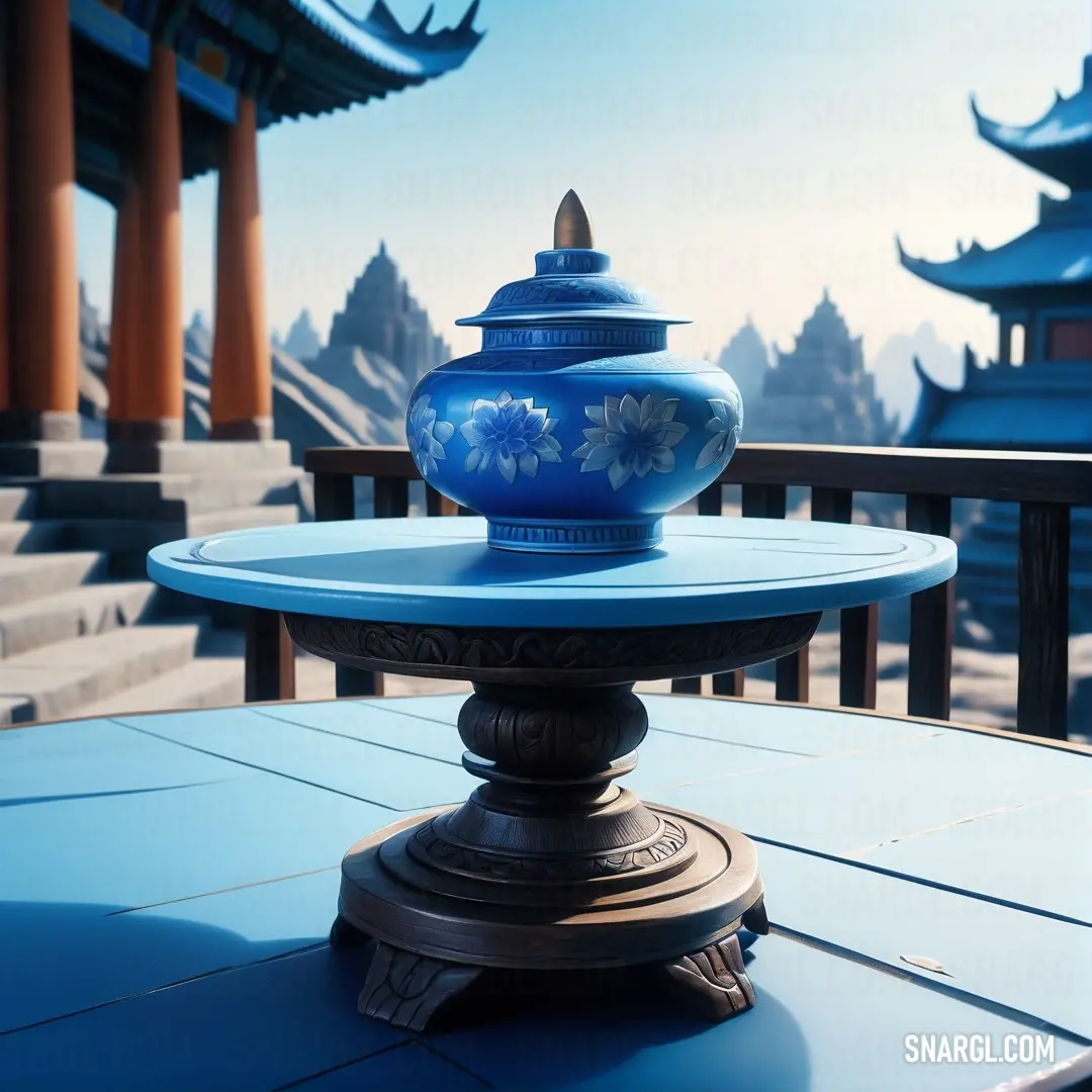 Blue vase on top of a blue table next to a building with columns in the background and a blue sky. Example of RGB 0,95,144 color.