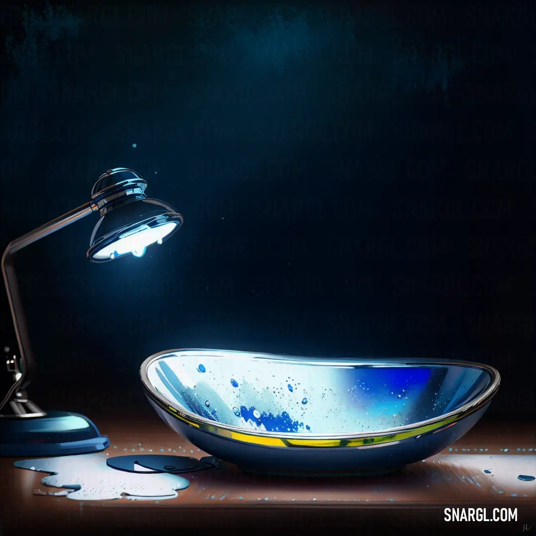 Bowl with a light on it on a table next to a lamp and a paint spatula