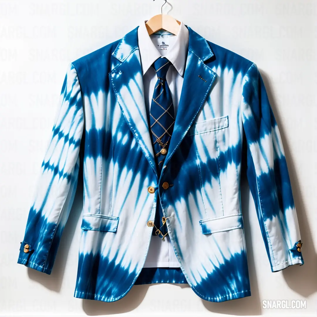 Blue tie and white jacket hang on a hanger on a wall in a room. Example of CMYK 100,67,0,40 color.