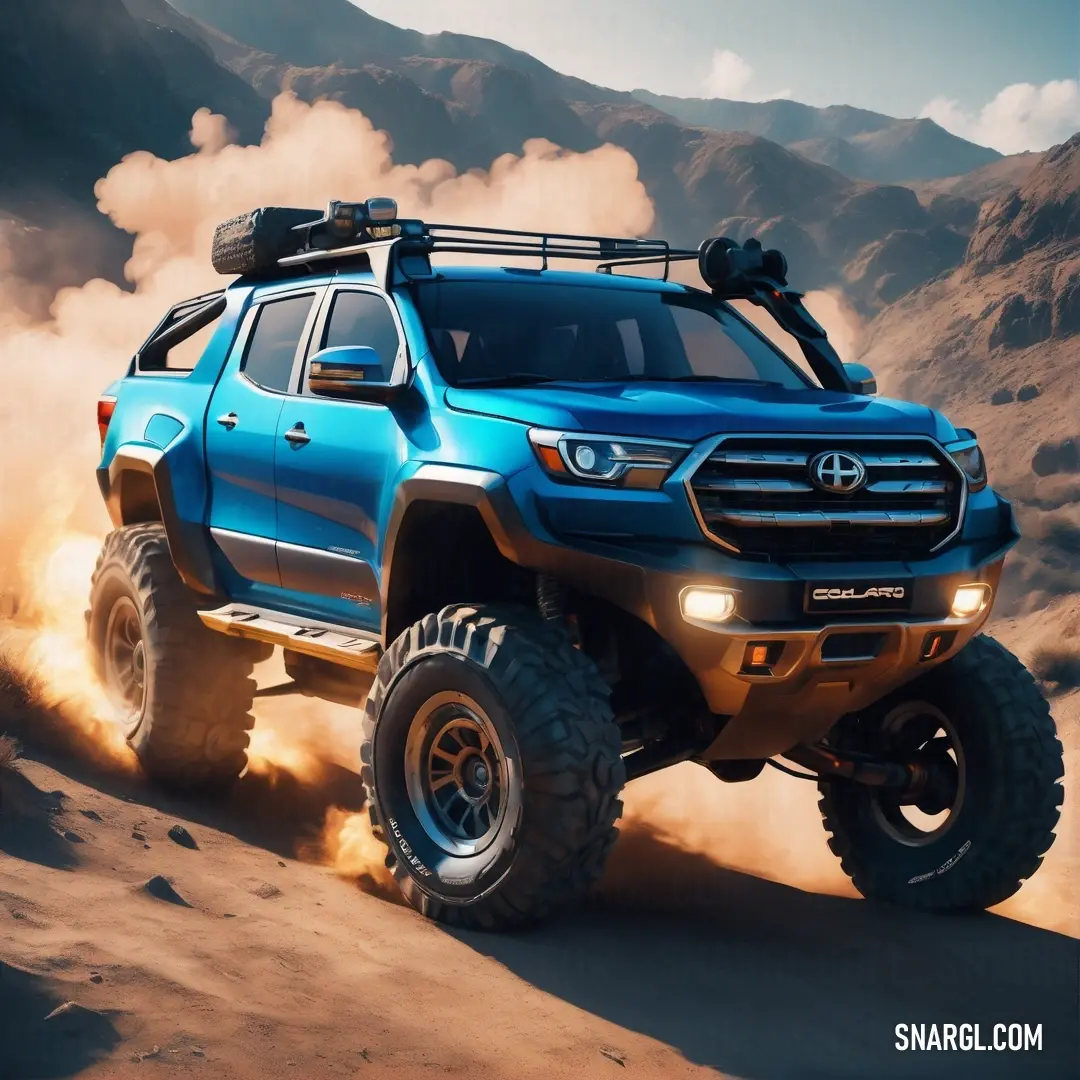 Blue truck driving through a desert filled with dirt and dust with mountains in the background. Color #003399.