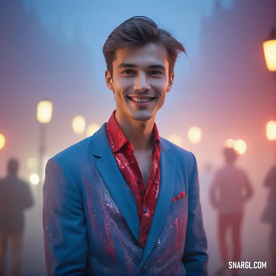 A man clad in a tailored blue suit and a striking red shirt beams at the camera, surrounded by friends in the background, encapsulating camaraderie and stylish elegance at an event.