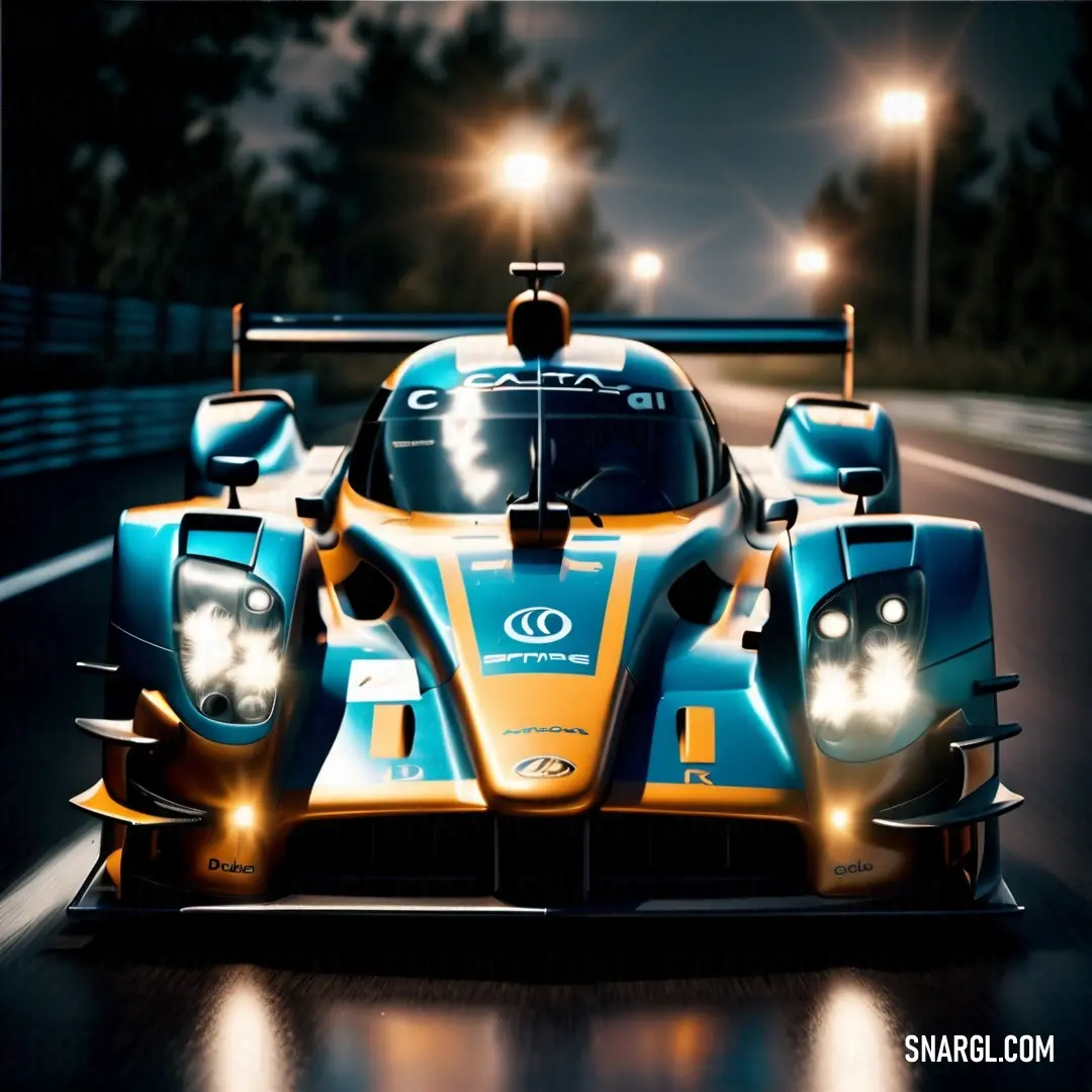 Racing car driving down a road at night with lights on it's headlights. Example of RGB 0,51,153 color.
