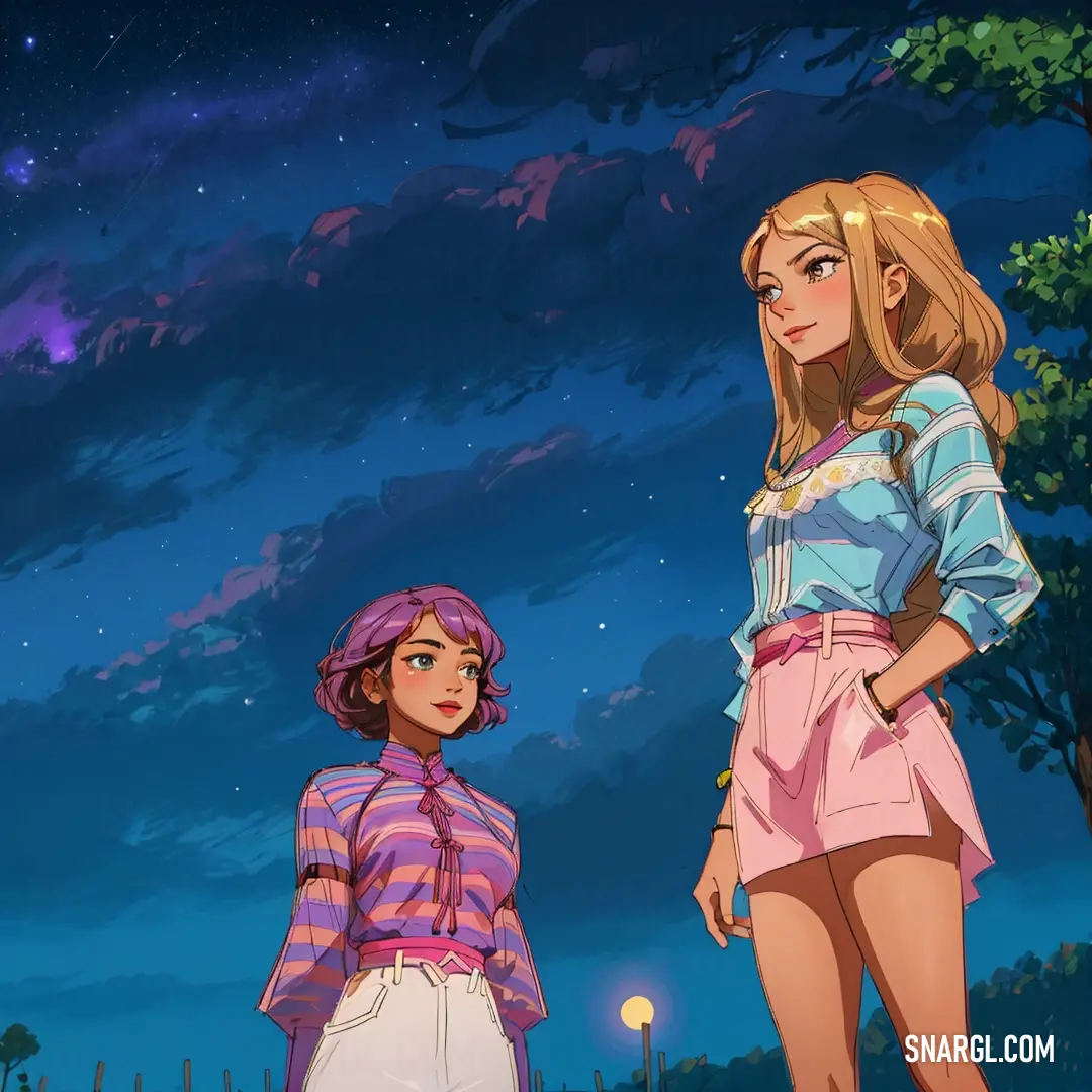 Two anime girls stand side by side, gazing up at a starry night sky. Their contrasting expressions and the celestial background create an atmosphere of mystery and wonder.