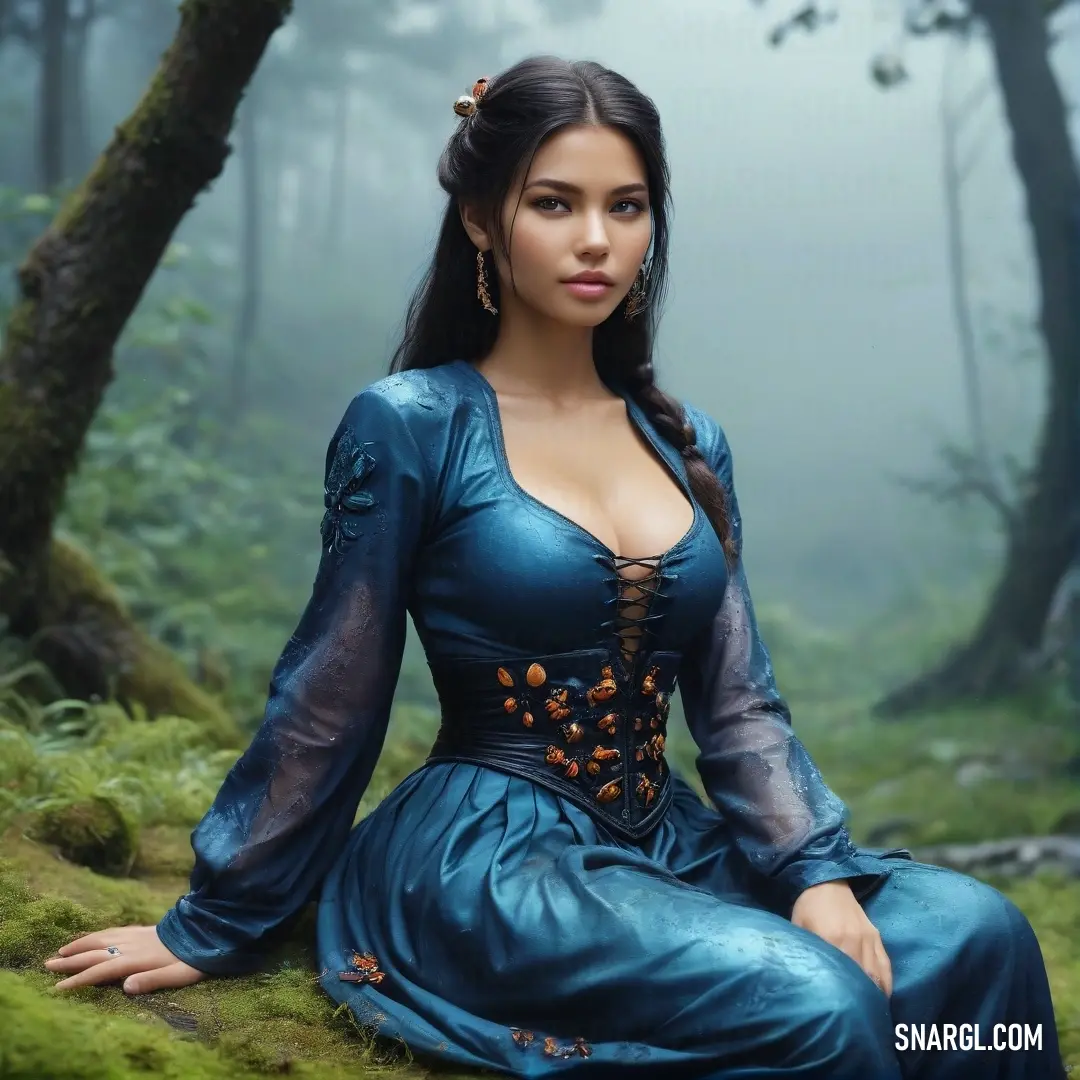 A woman in a blue dress stands on a moss-covered ground in a foggy forest. Towering trees surround her, and mist rolls through the atmosphere, adding to the mystical scene.