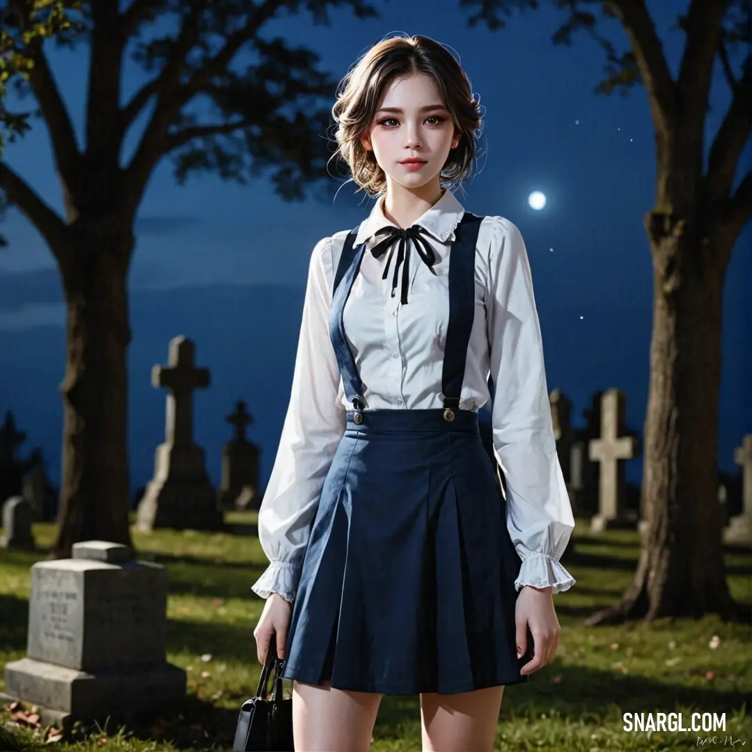 A poised woman clad in a flowing skirt and tailored shirt stands amidst the shadows of a cemetery, clutching a bag as the full moon casts an ethereal glow on the scene, enhancing the mysterious atmosphere of the night.