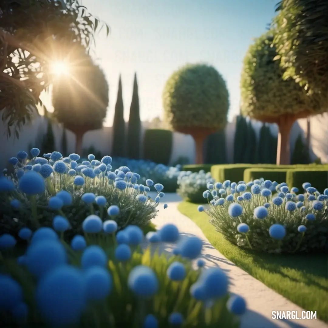 Dark powder blue color example: Garden with a lot of blue balls in the grass and trees in the background