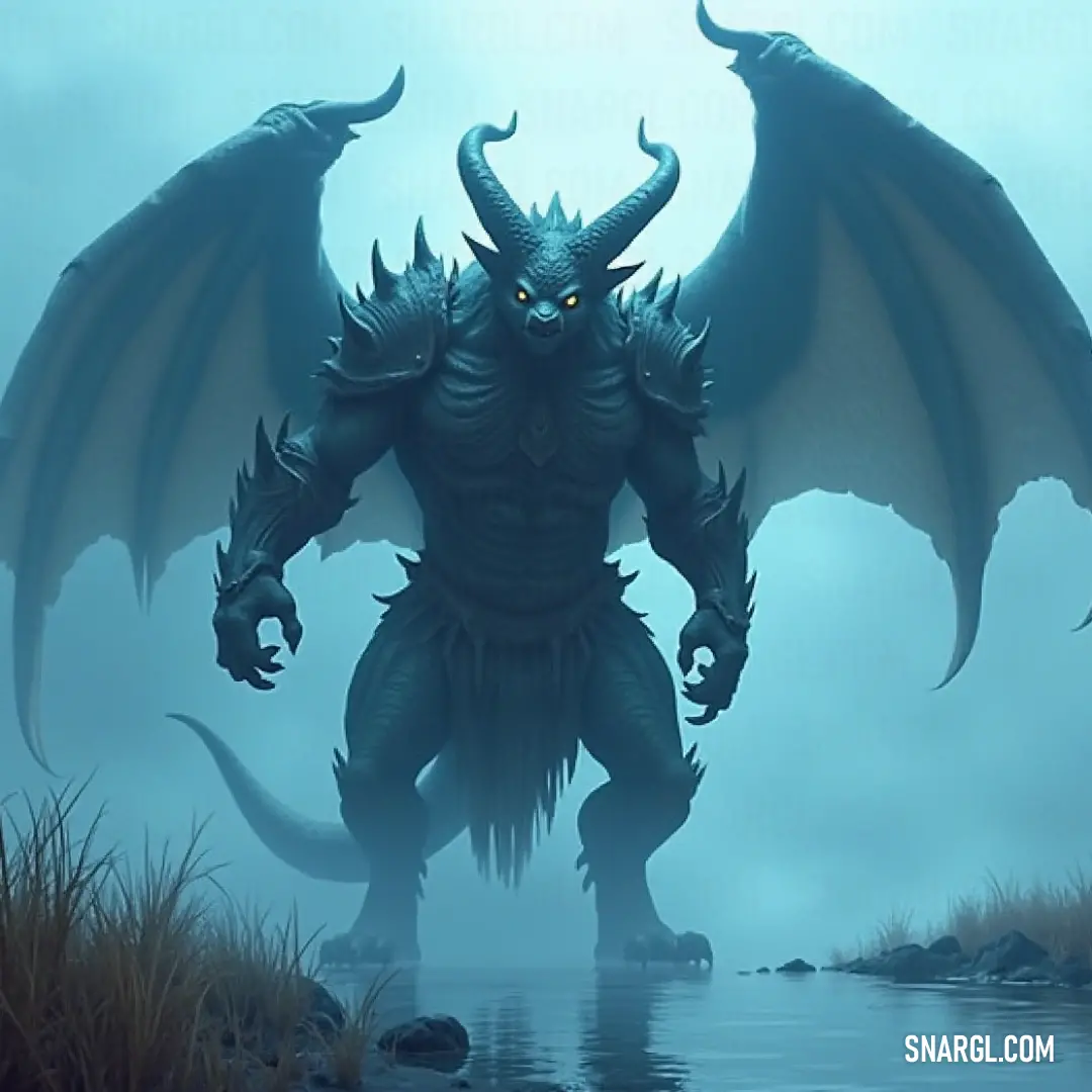 A massive dragon with mighty wings stands in a serene body of water, while a lone man observes from the shore. The dragon’s grandeur contrasts with the quiet of the surrounding landscape.