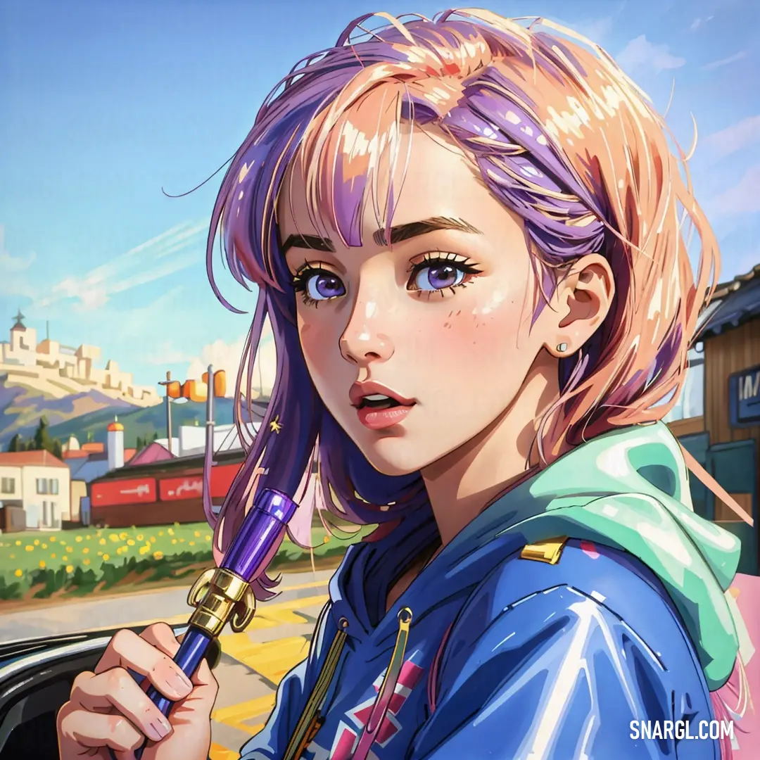 A girl with purple hair holds a matching purple umbrella as she gazes at the camera. The backdrop of a bustling city adds an urban edge to her playful yet confident stance.