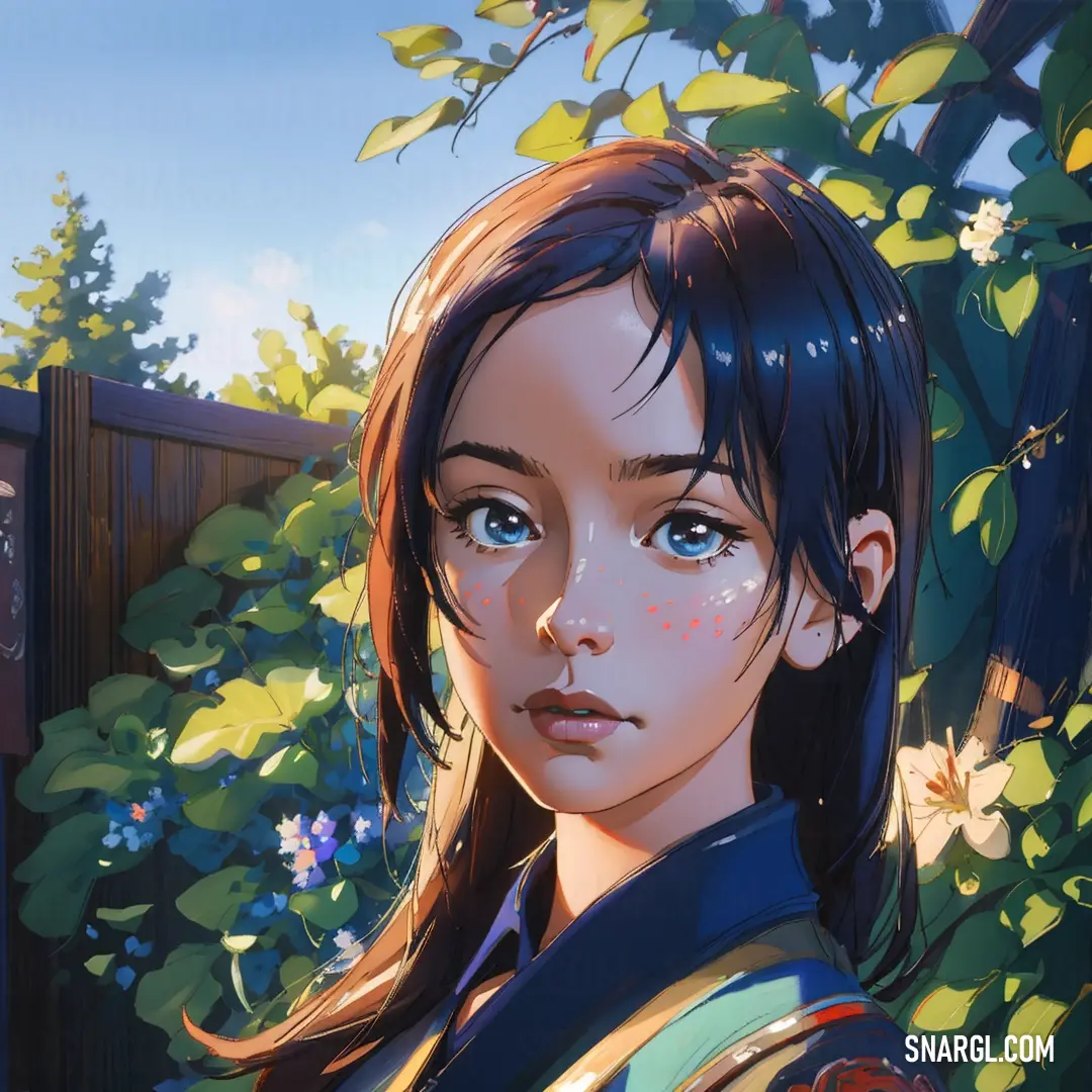 A girl with sparkling blue eyes stands against a backdrop of lush, flower-filled bushes. The vivid blue of her eyes is matched by the deep, contrasting color of the flowers around her, creating a harmonious and eye-catching effect.