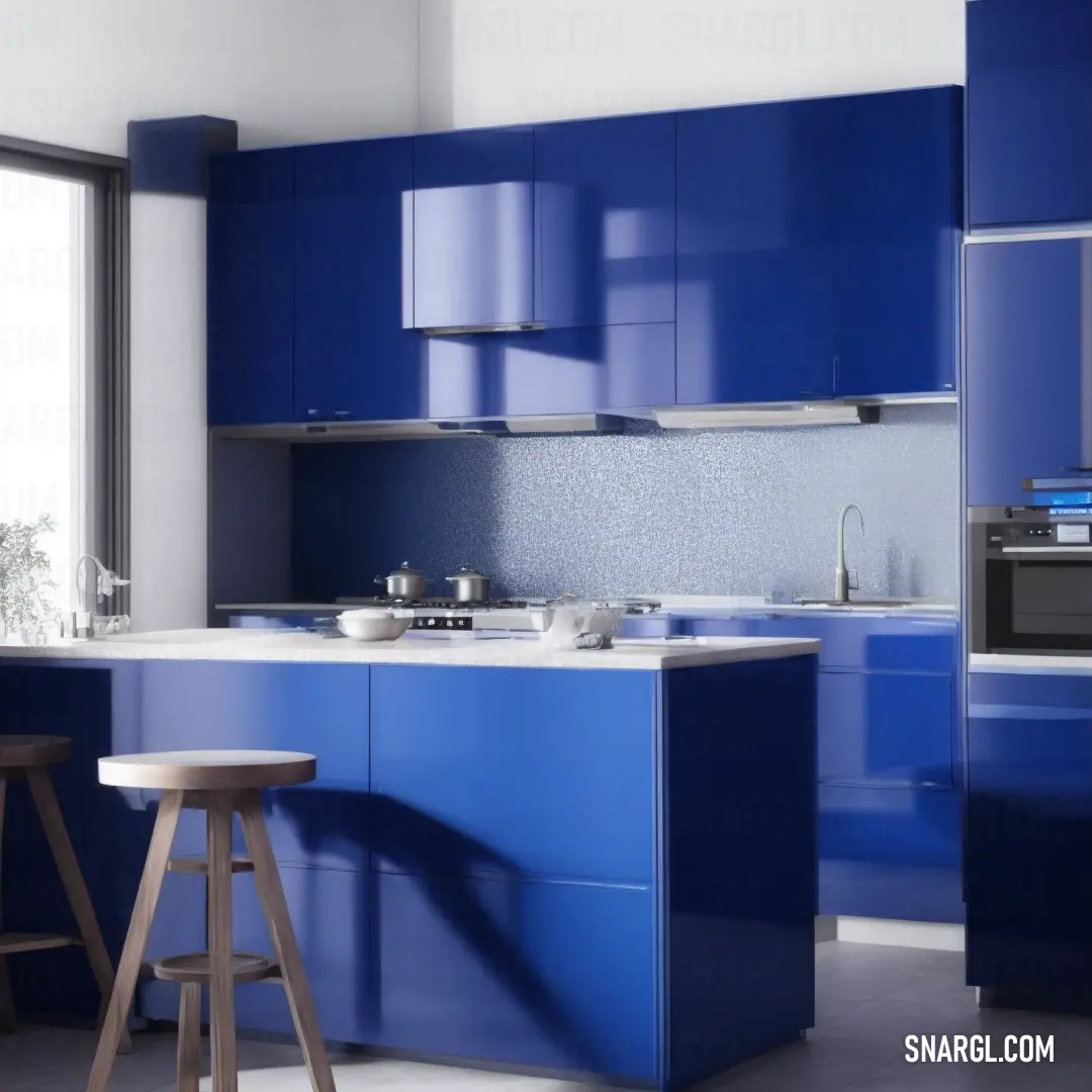 Kitchen with blue cabinets and stools in it and a window in the background with a large window. Color RGB 0,51,153.