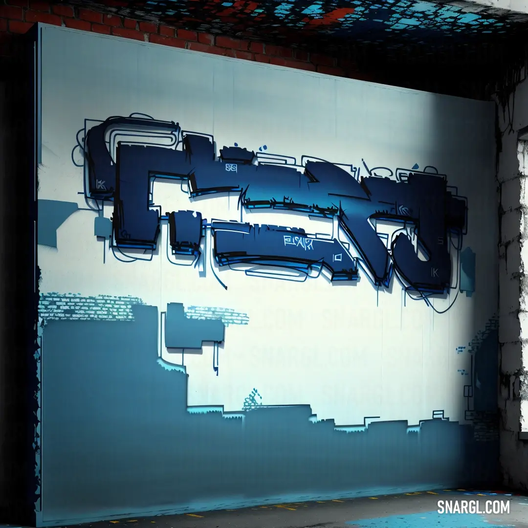 Large sign is on a wall in a room with a blue floor and a white wall with a blue and black graffiti