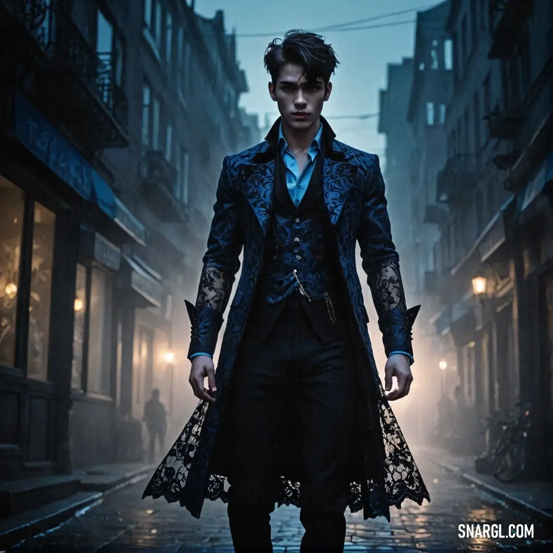 A man strides confidently down a dimly lit street, dressed in a stylish blue coat and black pants, embodying sophistication amidst an inviting yet mysterious nighttime ambiance.