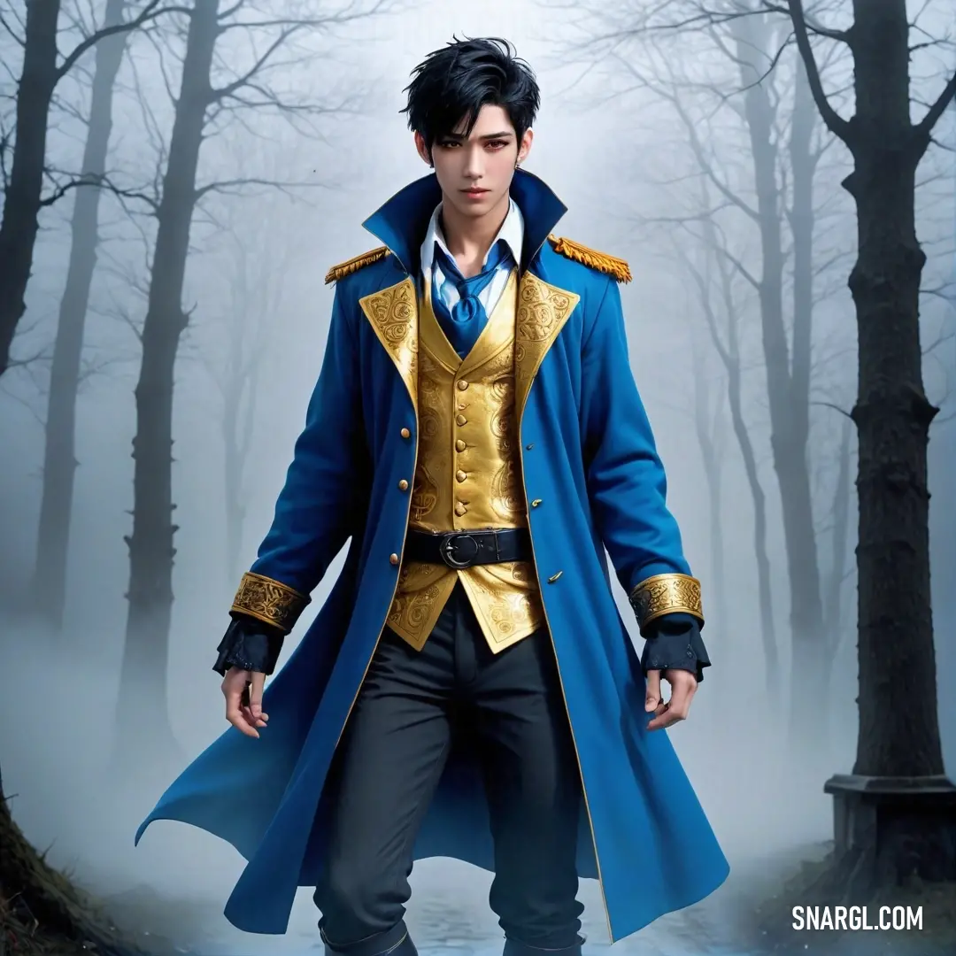 Man in a blue coat and gold jacket standing in a forest with trees and fog behind him. Color RGB 0,51,153.