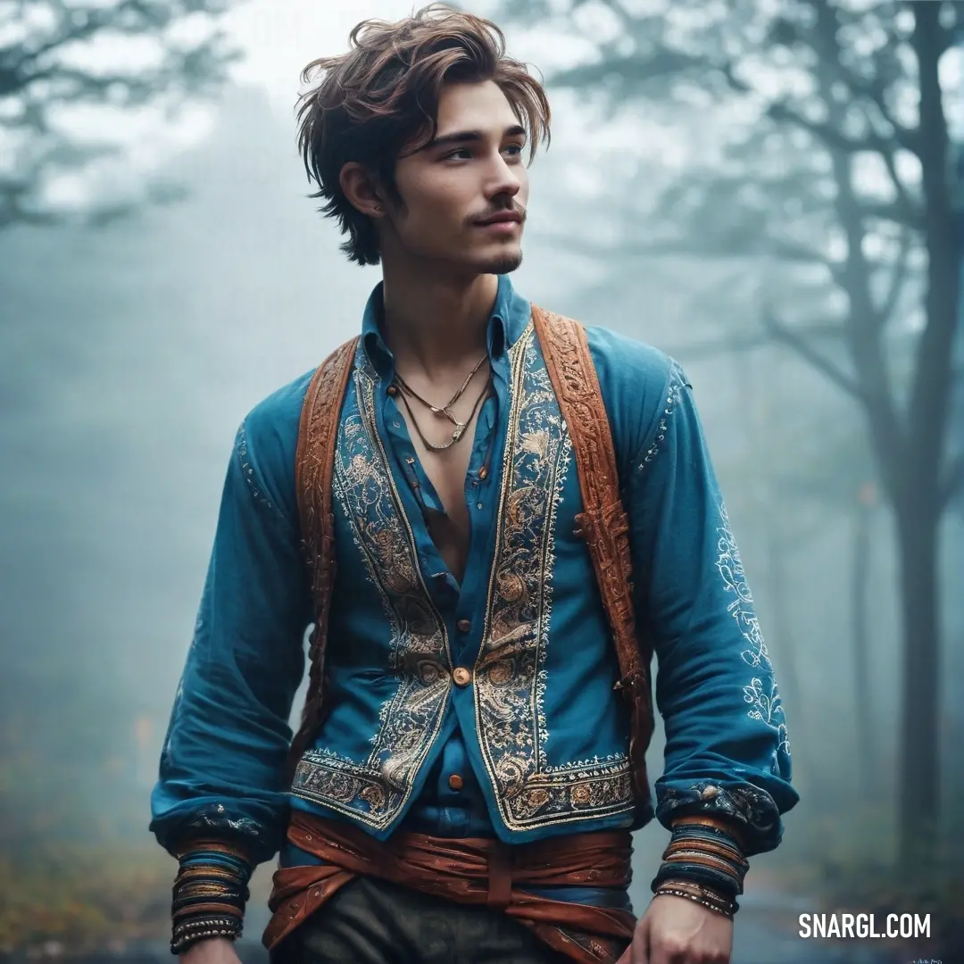 A thoughtful man in a blue shirt and brown vest stands among towering trees, reflecting a sense of peace and connection with nature, enveloped in a tranquil forest setting.