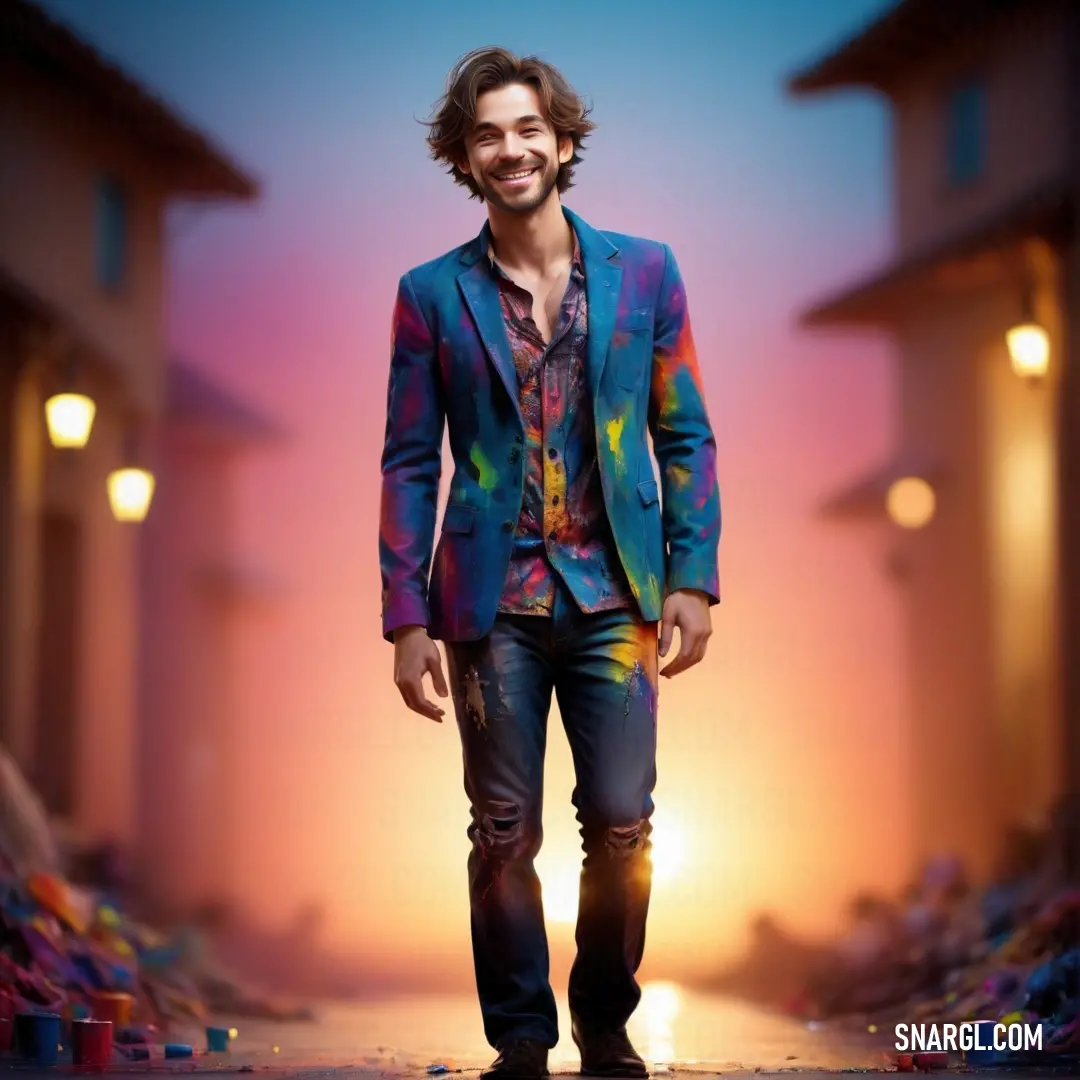 A man wearing a vibrant, multicolored suit walks cheerfully down a picturesque street at sunset, radiating positivity and charm against a backdrop of warm evening hues.