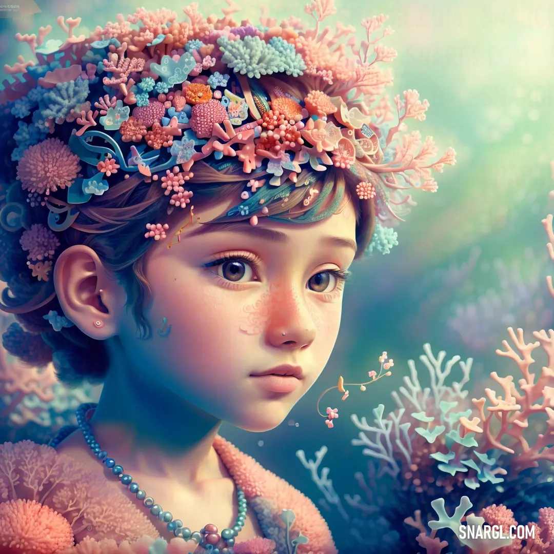 Painting of a young girl with a wreath on her head. Color Dark powder blue.