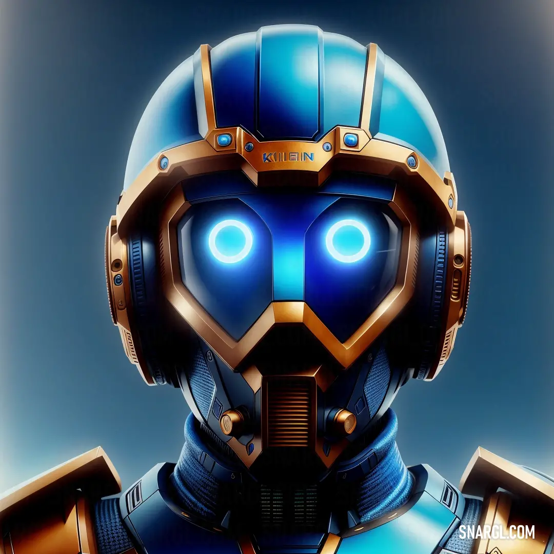 Robot with glowing eyes and a helmet on his head is shown in this image. Color #003399.