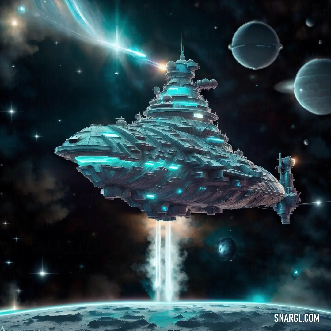 Space ship floating in the air near a planet with a star in the background