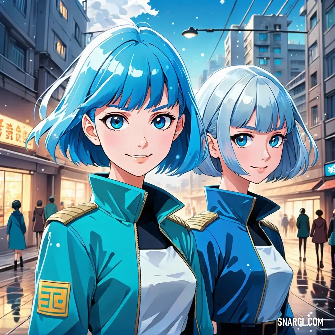 Two anime girls standing in the middle of a city street at night with buildings in the background. Example of Dark powder blue color.
