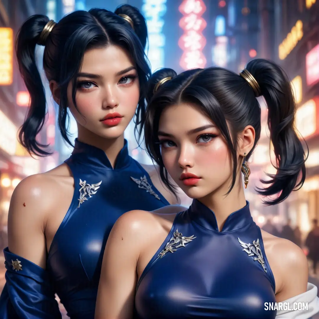 Two women in blue dresses stand on a bustling city street at night, with neon lights casting a vibrant glow around them. The rich colors of the dresses contrast against the colorful urban backdrop.