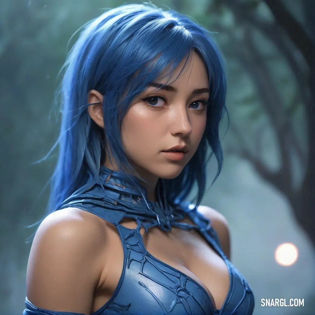 A woman with blue hair and a matching outfit stands amidst a foggy forest, the trees looming around her and mist swirling in the air, creating a mystical and serene atmosphere.