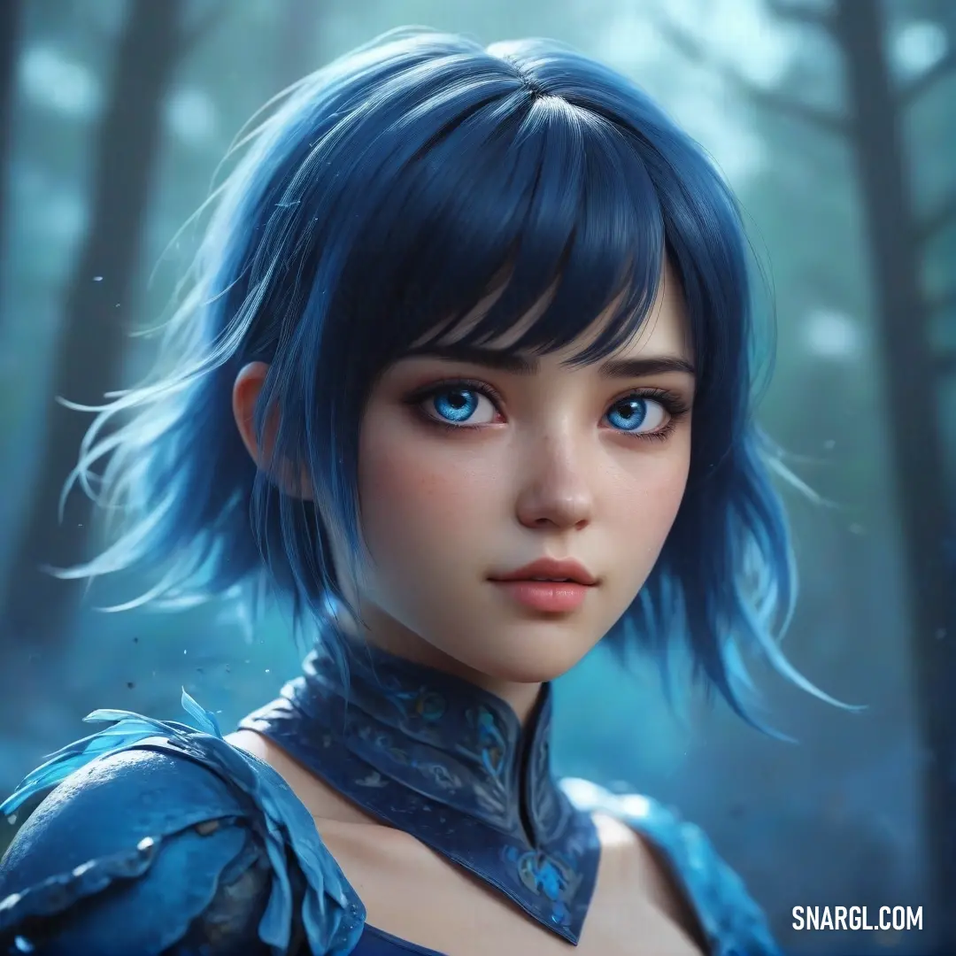 A striking woman with vibrant blue hair and piercing blue eyes stands in a serene snow-covered forest, as snowflakes gently dust her face and chest, highlighting her unique features against the stark wintry backdrop.