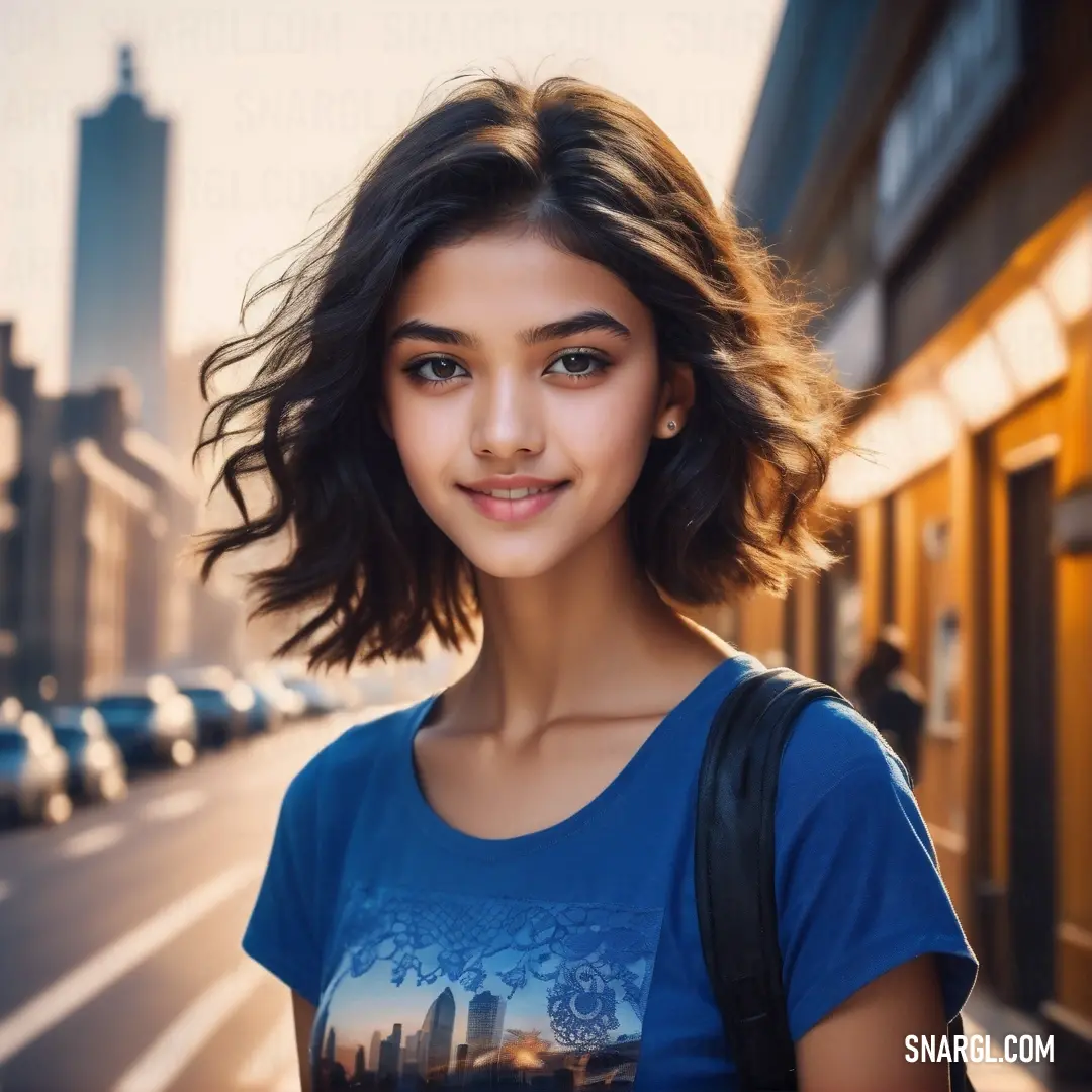 Young woman standing on a city street with a backpack on her shoulder and a city skyline in the background. Example of CMYK 100,67,0,40 color.