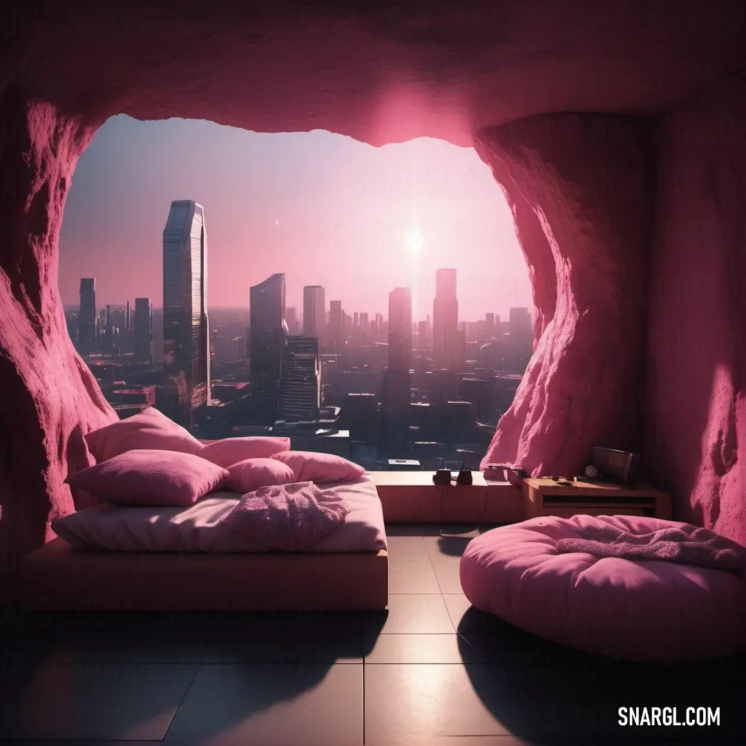 Room with a view of a city and a bed in it with pink pillows. Color #872657.