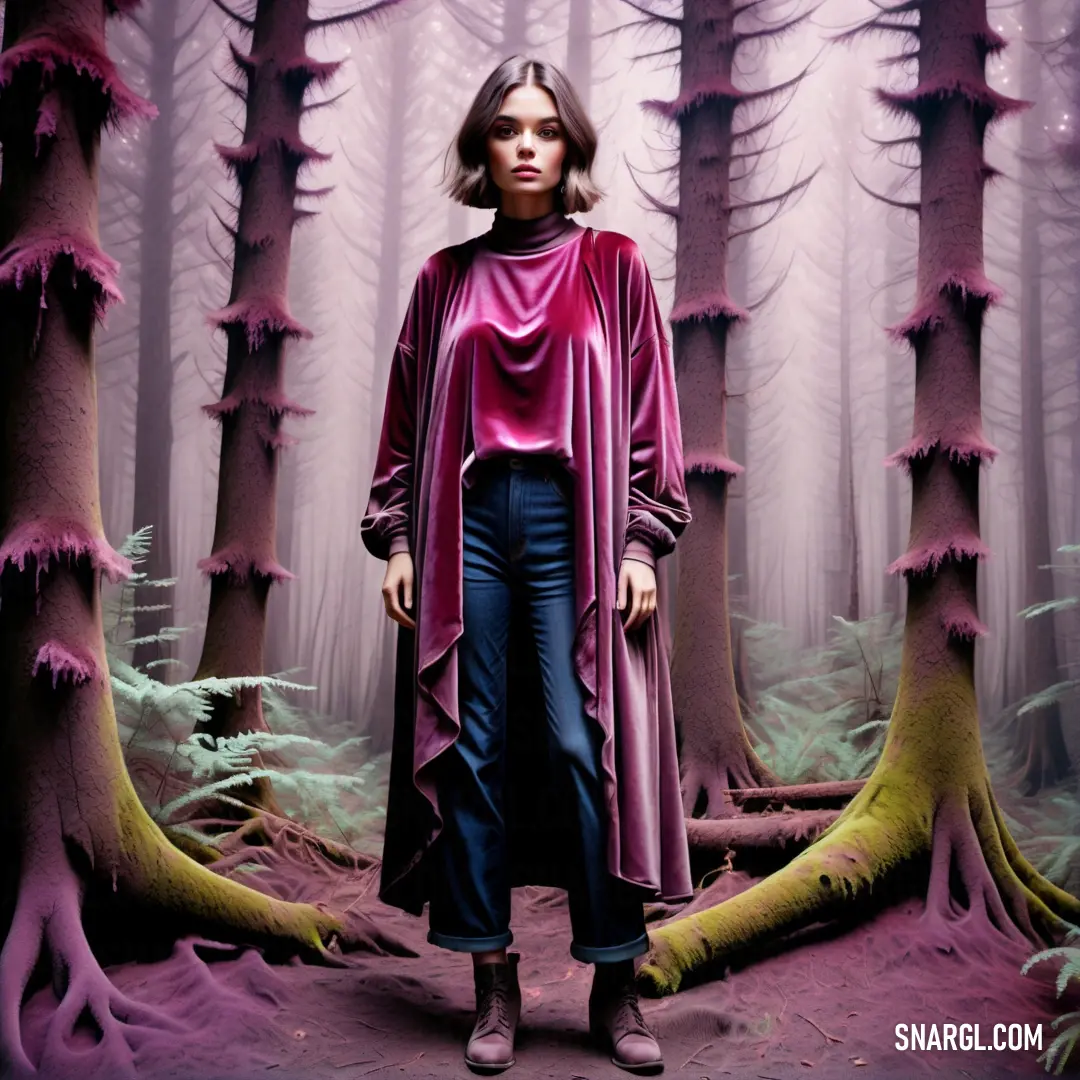 Woman standing in a forest with trees and purple tones on her face and a pink coat over her shoulders. Color #872657.