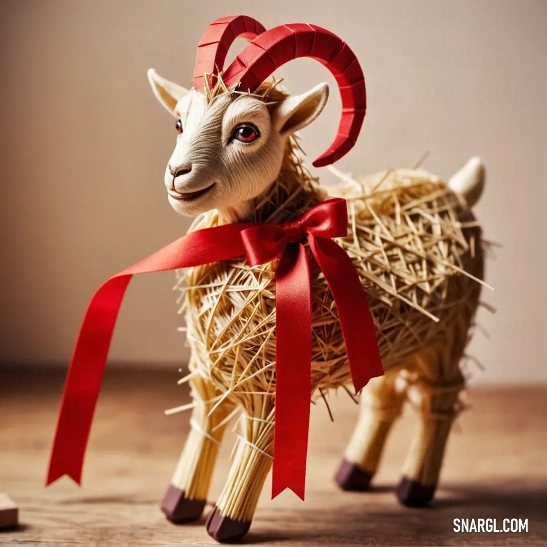 Goat made out of straw with a red ribbon around its neck and head. Color CMYK 0,100,100,45.