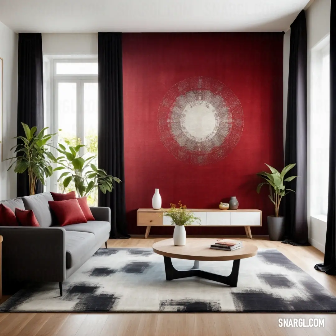 Dark red color. Living room with a couch, coffee table and a red wall in the background