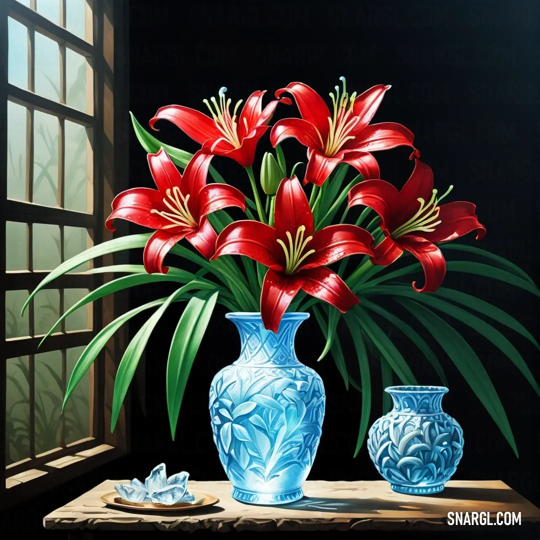Painting of a vase with red flowers in it and a blue vase with green leaves on a table. Example of #8B0000 color.