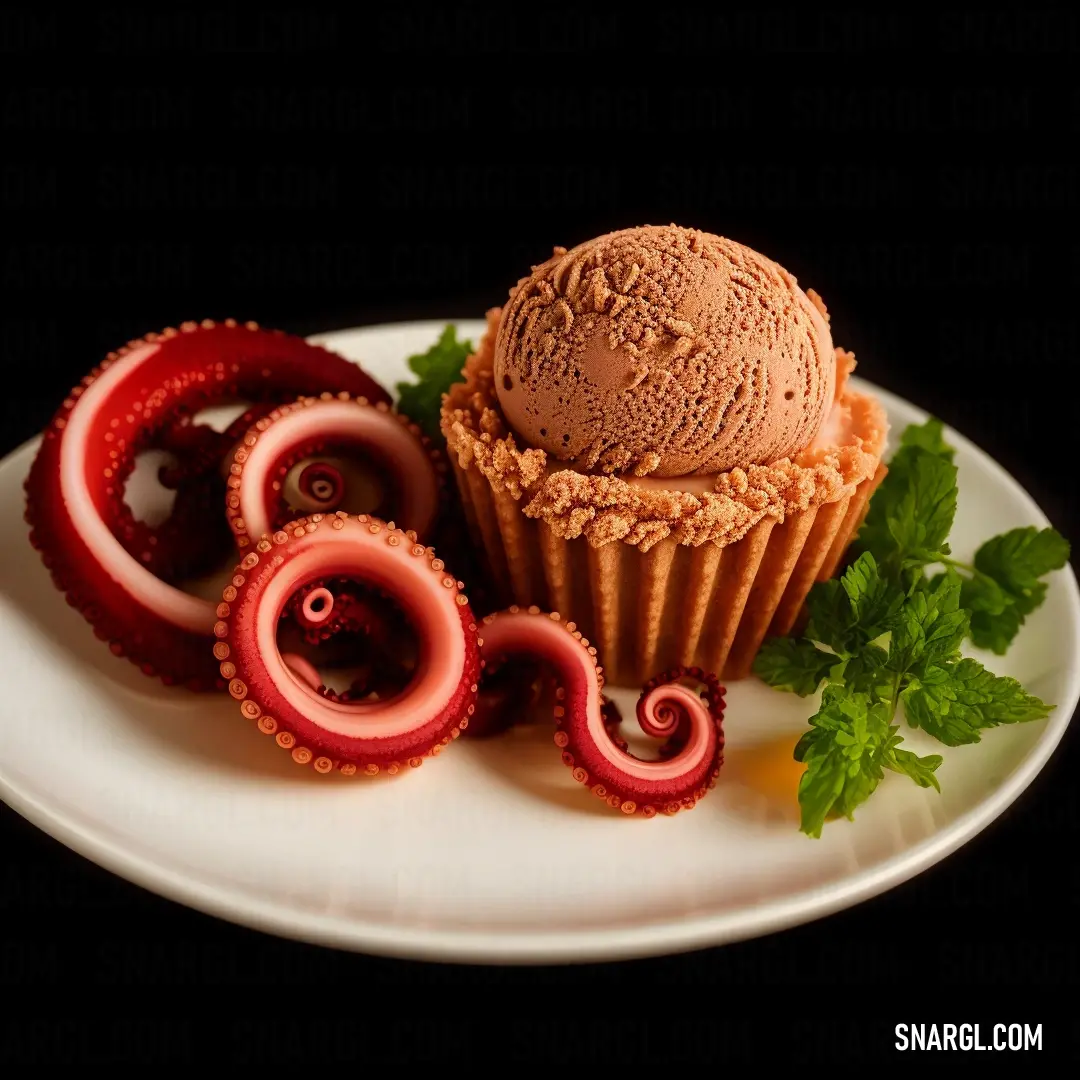 Plate with a cupcake and jelly worms on it, with a leafy green garnish. Example of Dark red color.