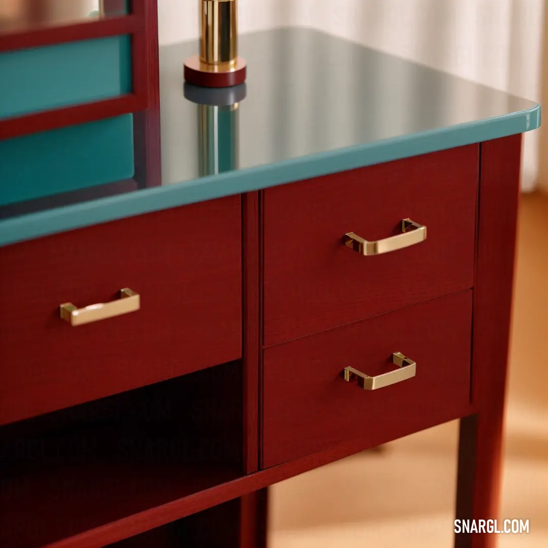Red and blue desk with a gold handle on it and a mirror on top of it. Color RGB 139,0,0.
