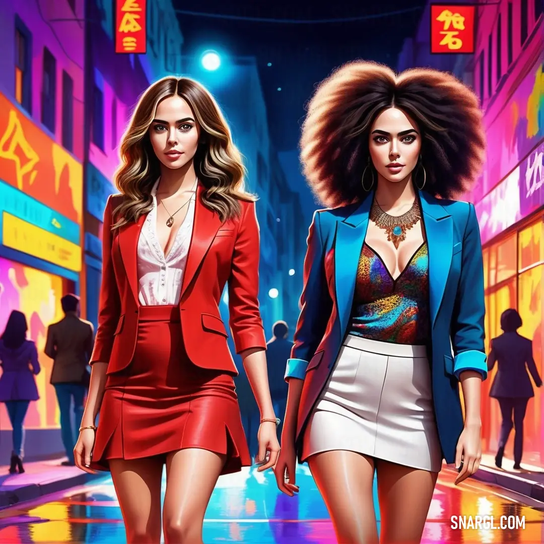 Two women walking down a street in a city at night with neon lights. Example of RGB 139,0,0 color.