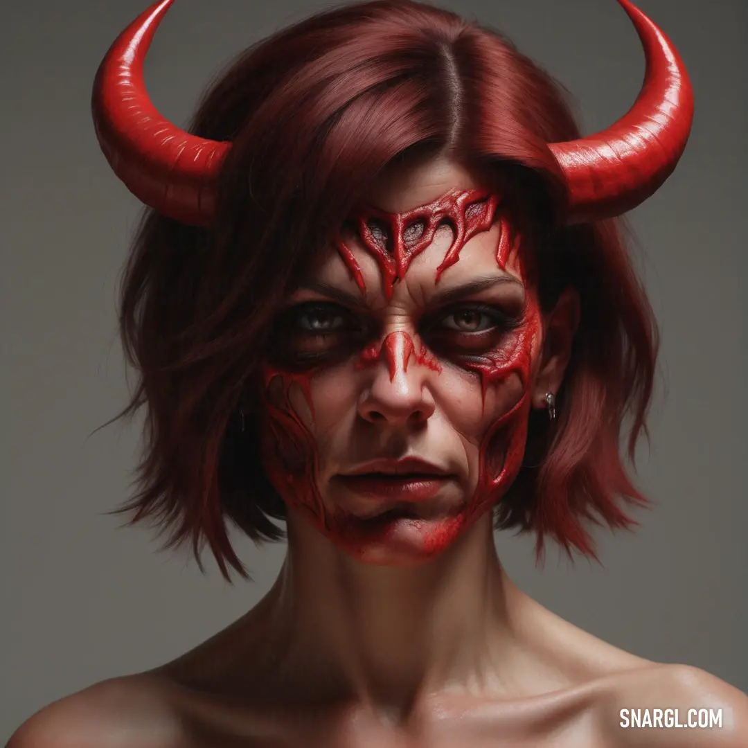 Woman with red makeup and horns on her head and face is shown in a digital painting style. Example of #8B0000 color.