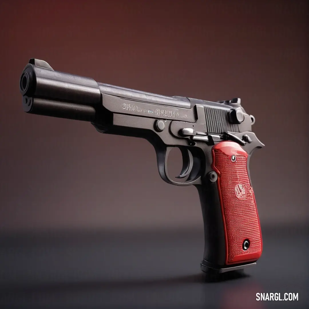 Red and black gun on a black surface with a red background. Example of RGB 139,0,0 color.