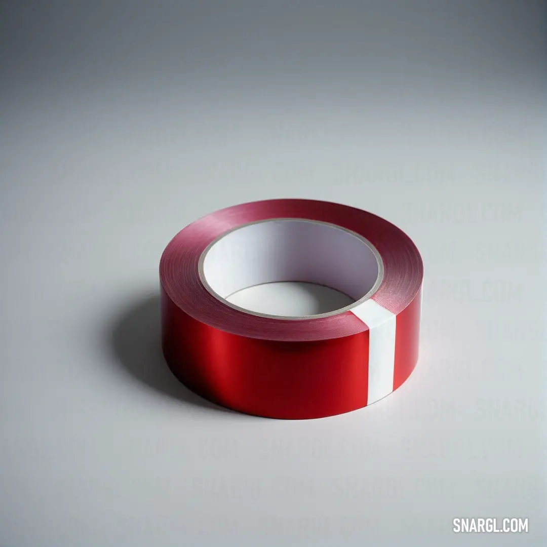 Red tape with white stripe on a white surface with a light reflection on it. Color CMYK 0,100,100,45.