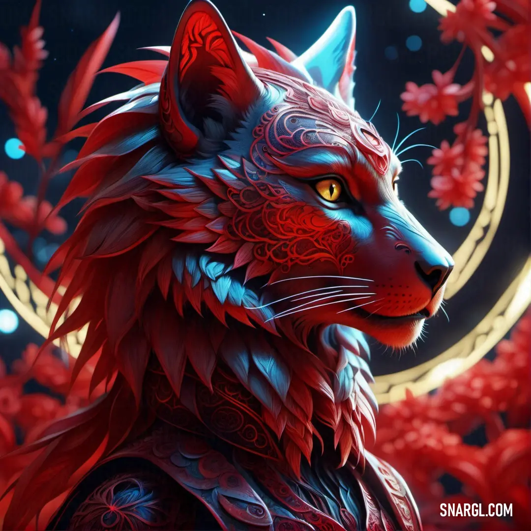 Dark red color example: Red wolf with a blue eyes and a red mane with a gold ring around its neck