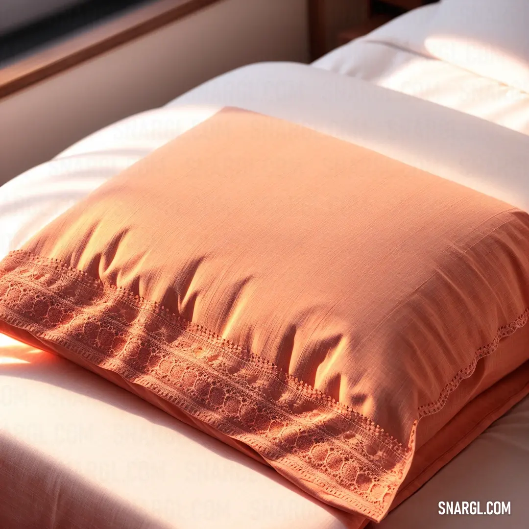 Dark salmon color example: Pillow on a bed with a white sheet and a brown pillow on it's side and a window in the background