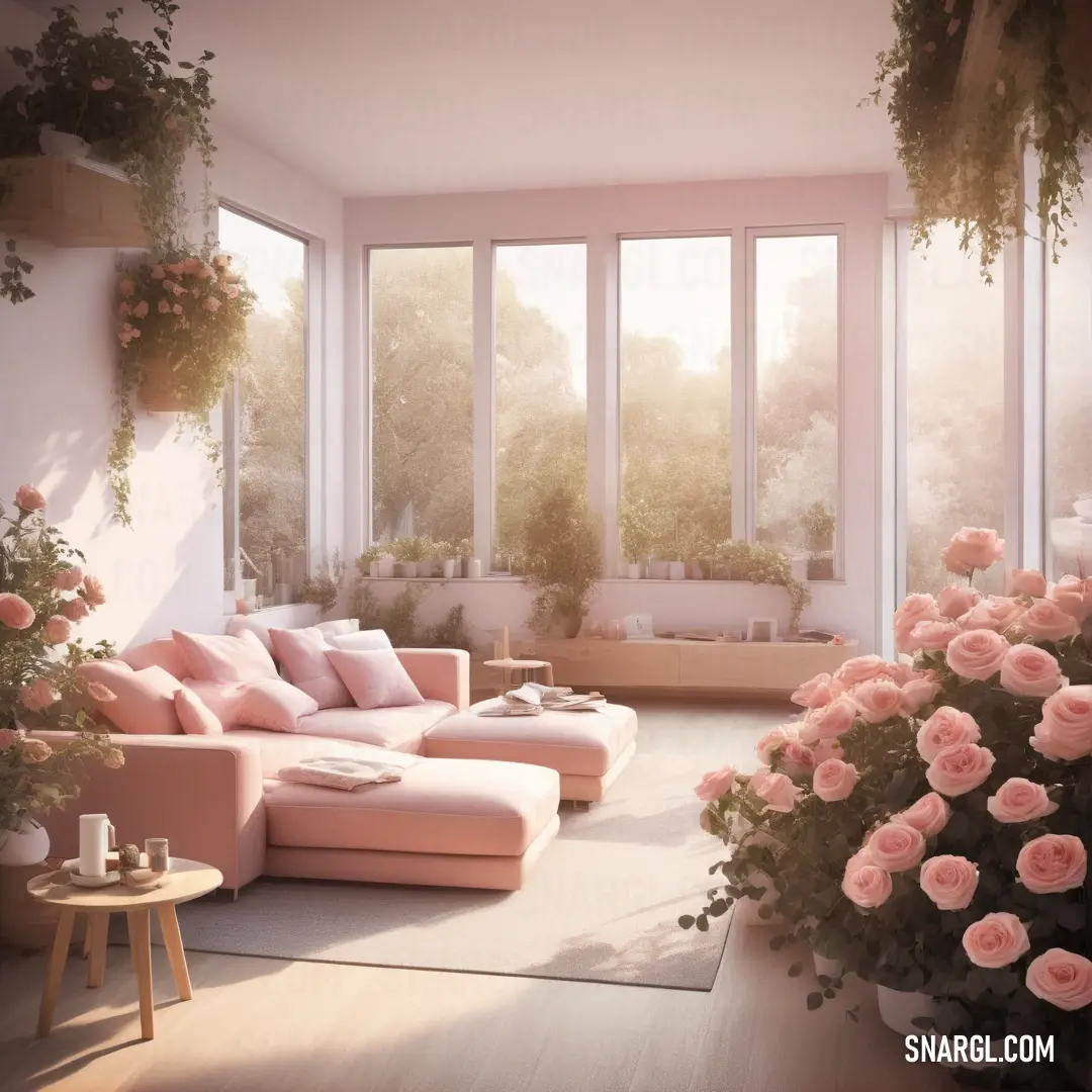 Living room with a couch and a table with flowers on it and a large window with a view of the trees outside