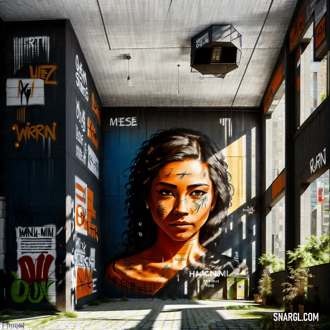 Mural of a woman's face on a wall in a hallway with graffiti on it and a light fixture above