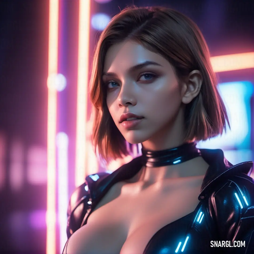 Woman in a futuristic outfit posing for a picture in a neon room with neon lights behind her