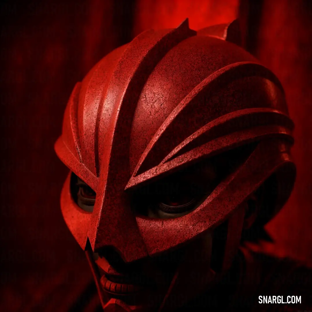 Close up of a person wearing a red mask and a red background with a red curtain behind it