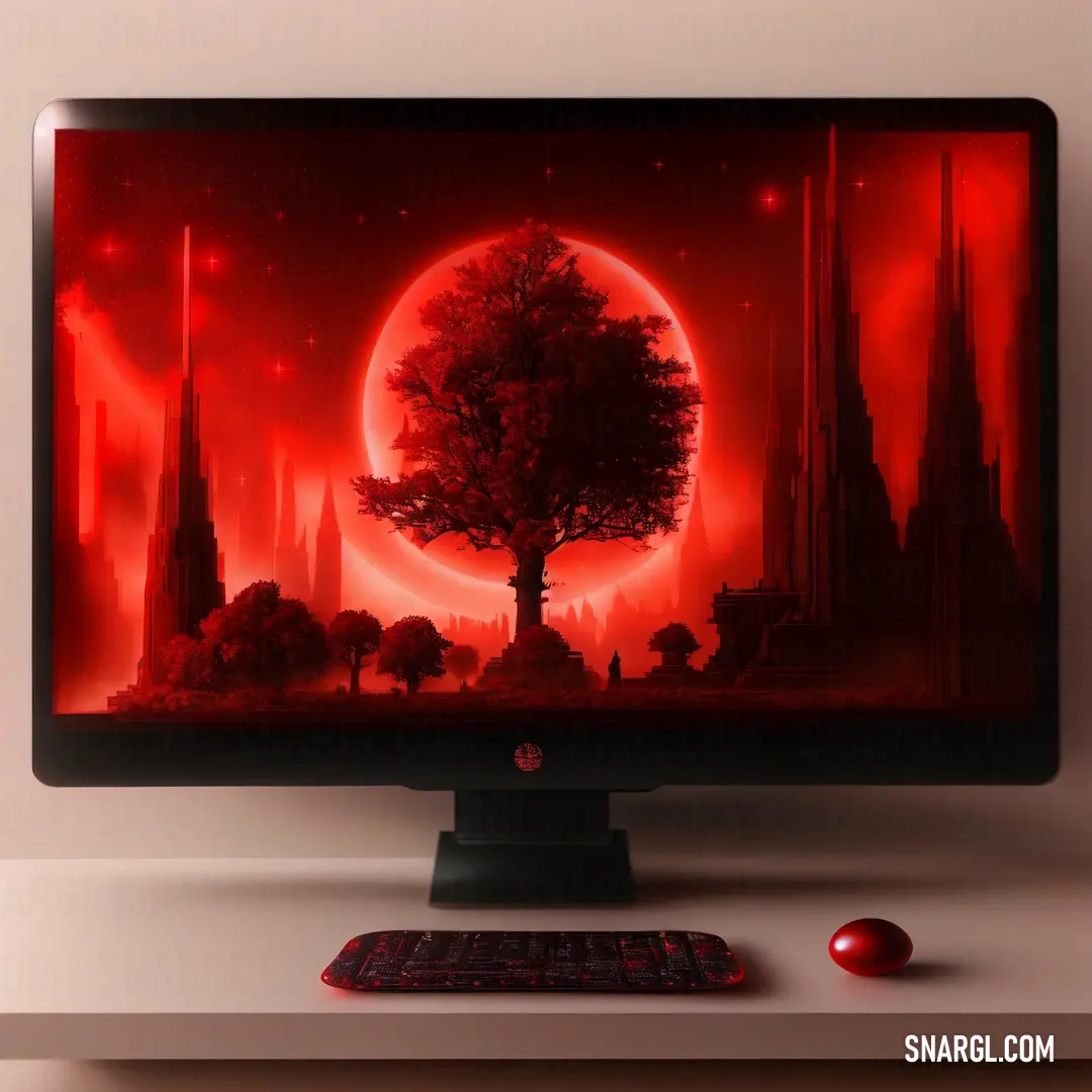 Computer monitor with a red background and a red apple on the keyboard next to it