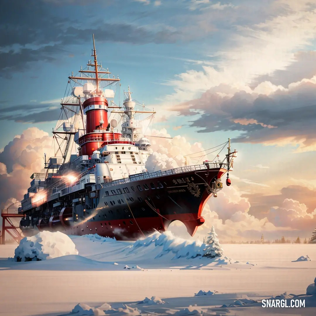 Large ship floating on top of a snow covered ocean next to a lighthouse on top of a hill. Color CMYK 0,97,71,66.