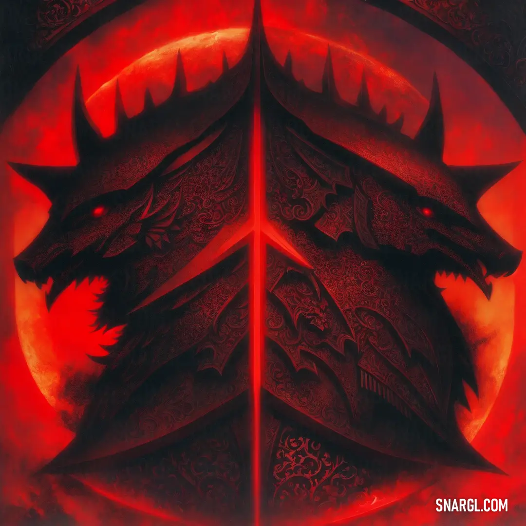 Painting of two black dragon heads on a red background with a red moon in the background