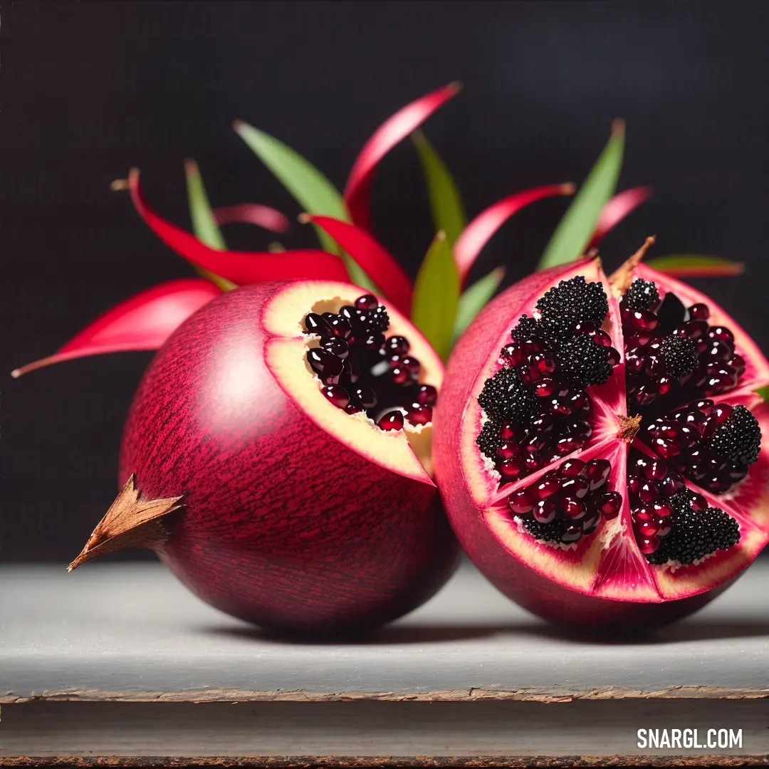 Pomegranate cut in half with a leaf on top of it and another piece of fruit on the side