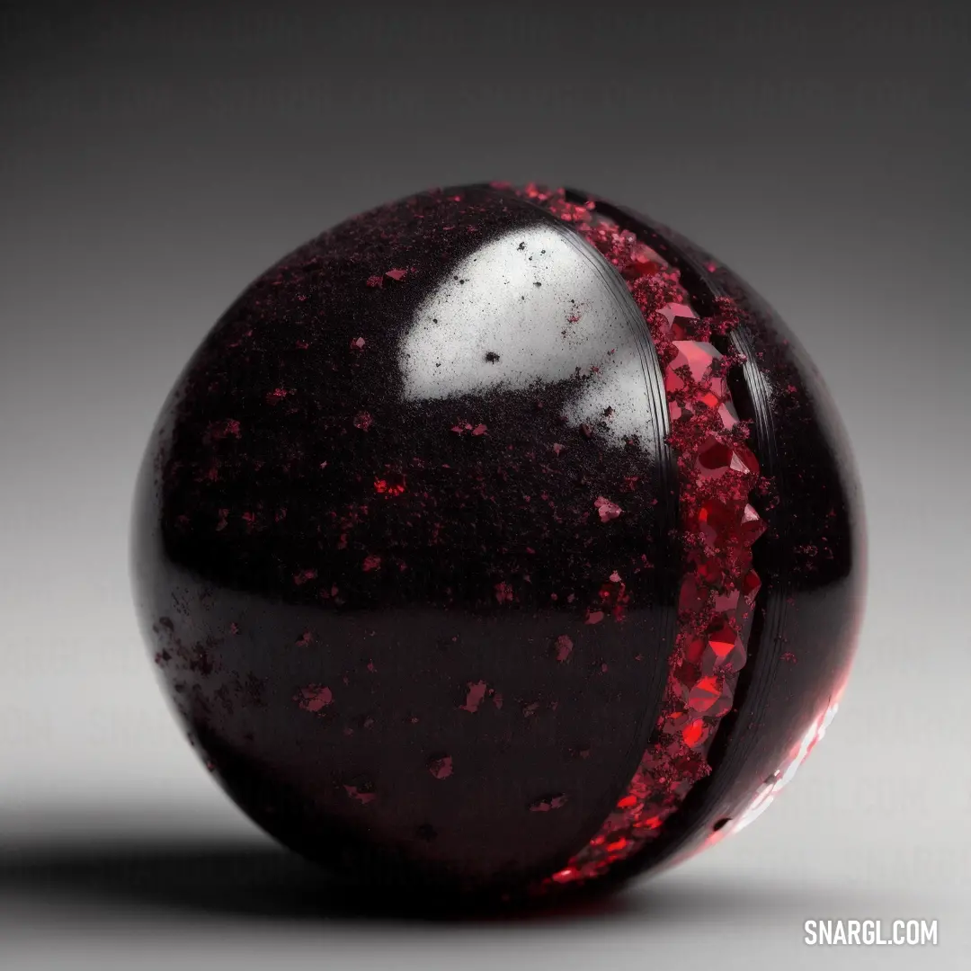 Red and black marble ball on a gray background with a white spot in the middle of the sphere